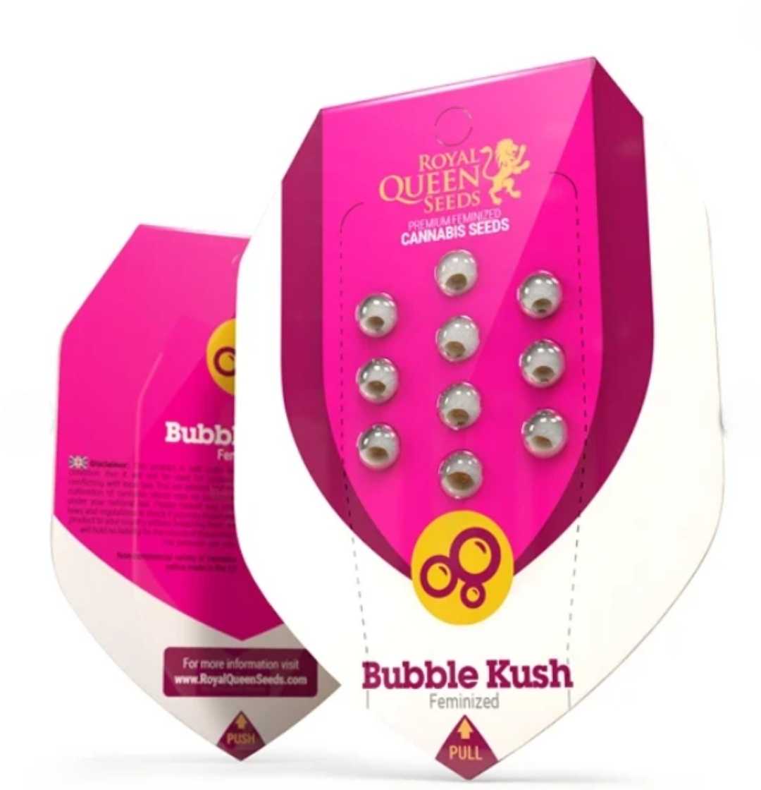 Bubble Kush Samenverpackung von Royal Queen Seeds in Pink-Weiß mit Sichtfenster
