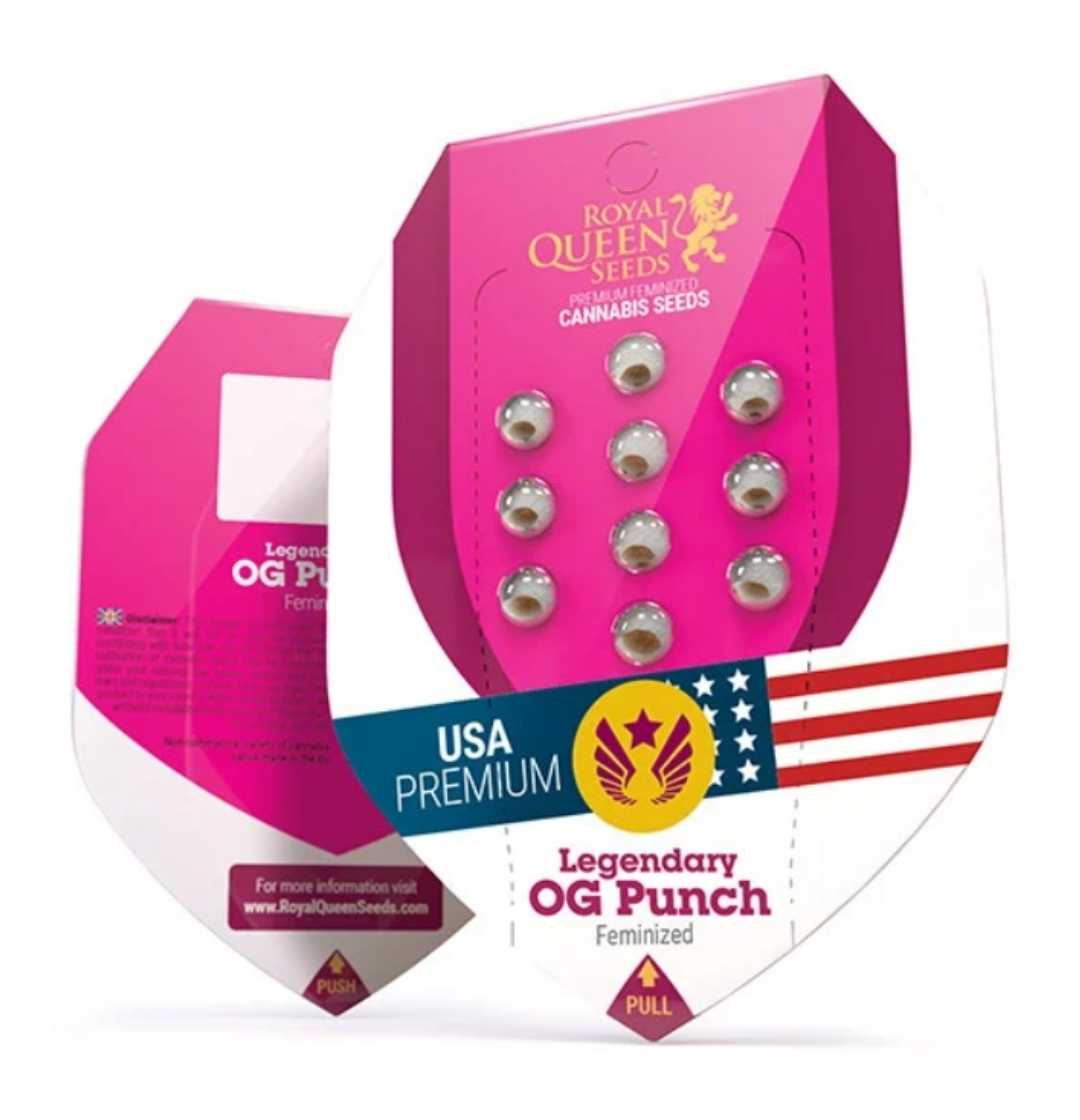 Legendary OG Punch Verpackung von Royal Queen Seeds mit feminisierten Cannabissamen.