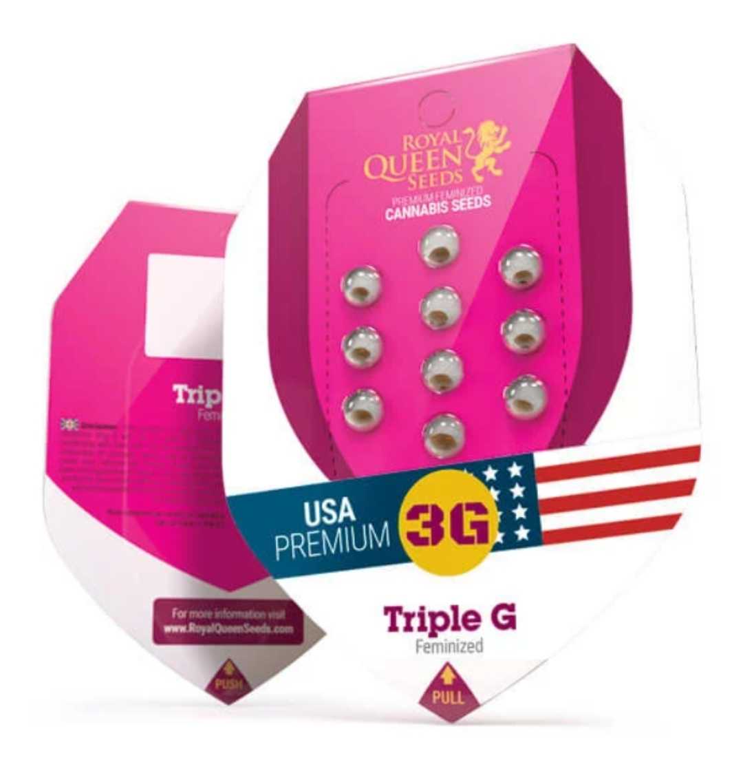 Verpackung der Triple G feminisierten Samen von Royal Queen Seeds mit pinkem Design und USA-Flagge