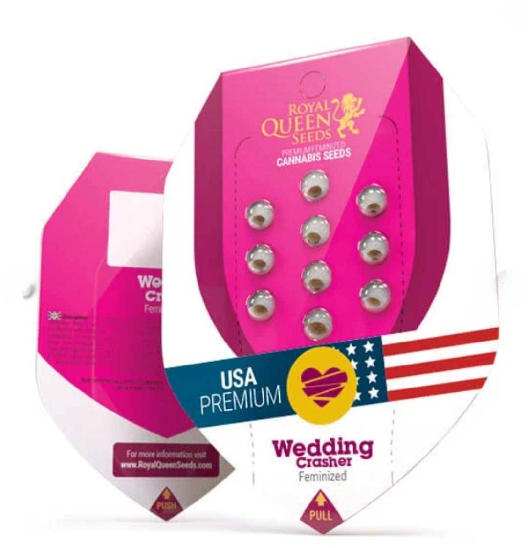 Verpackung der Wedding Crasher Samen von Royal Queen Seeds mit USA Premium Label in Rosa und Weiß.