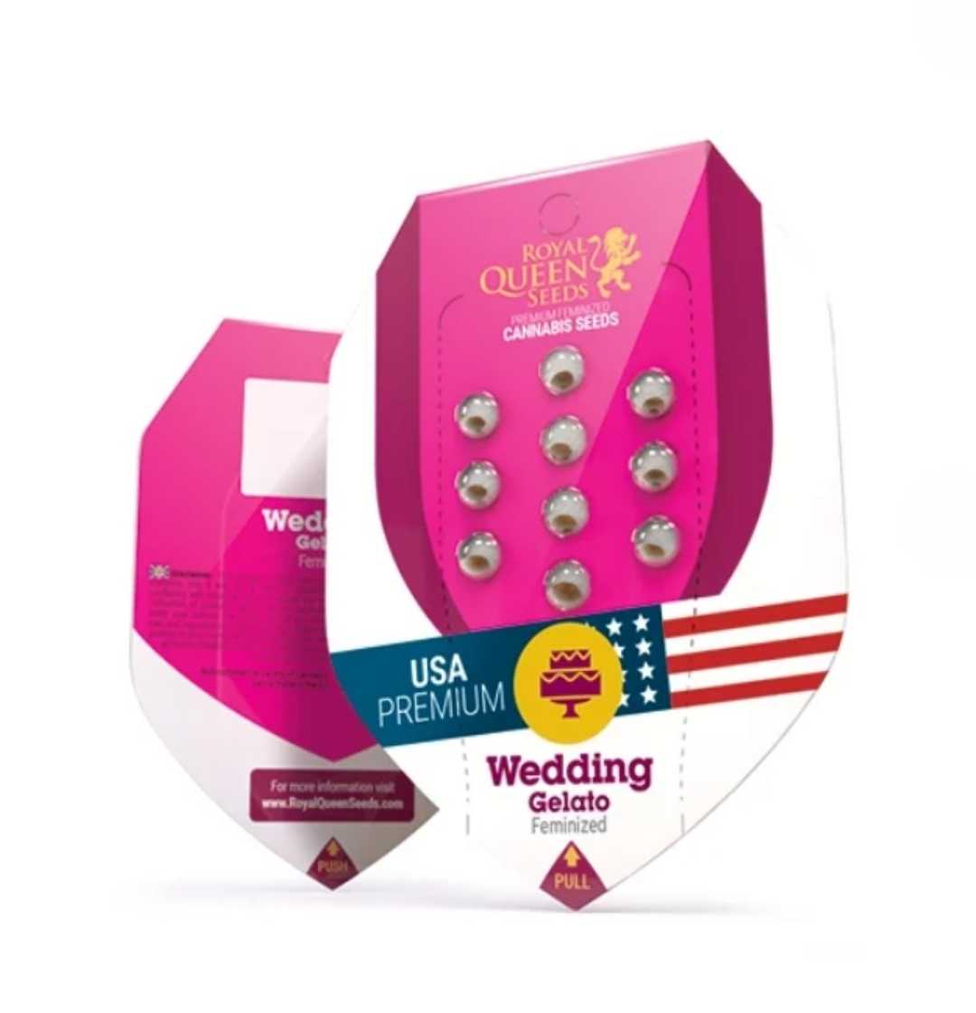 Verpackung der Wedding Gelato Samen von Royal Queen Seeds mit pinkem Design und USA Premium Label