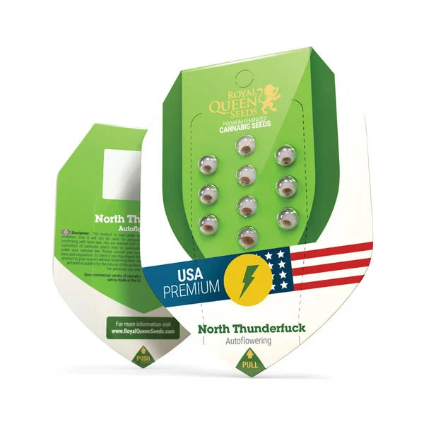 Verpackung der Auto North Thunderfuck Samen von Royal Queen Seeds mit US-Flagge und Blitzsymbol