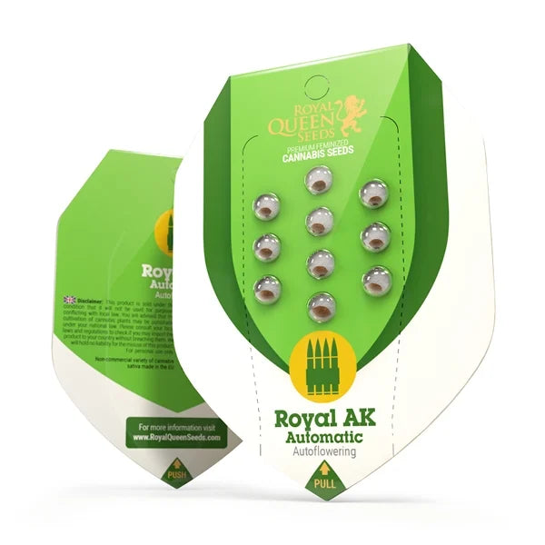 Verpackung der Auto Royal AK Samen von Royal Queen Seeds mit grün-weißem Design und Samenkammern