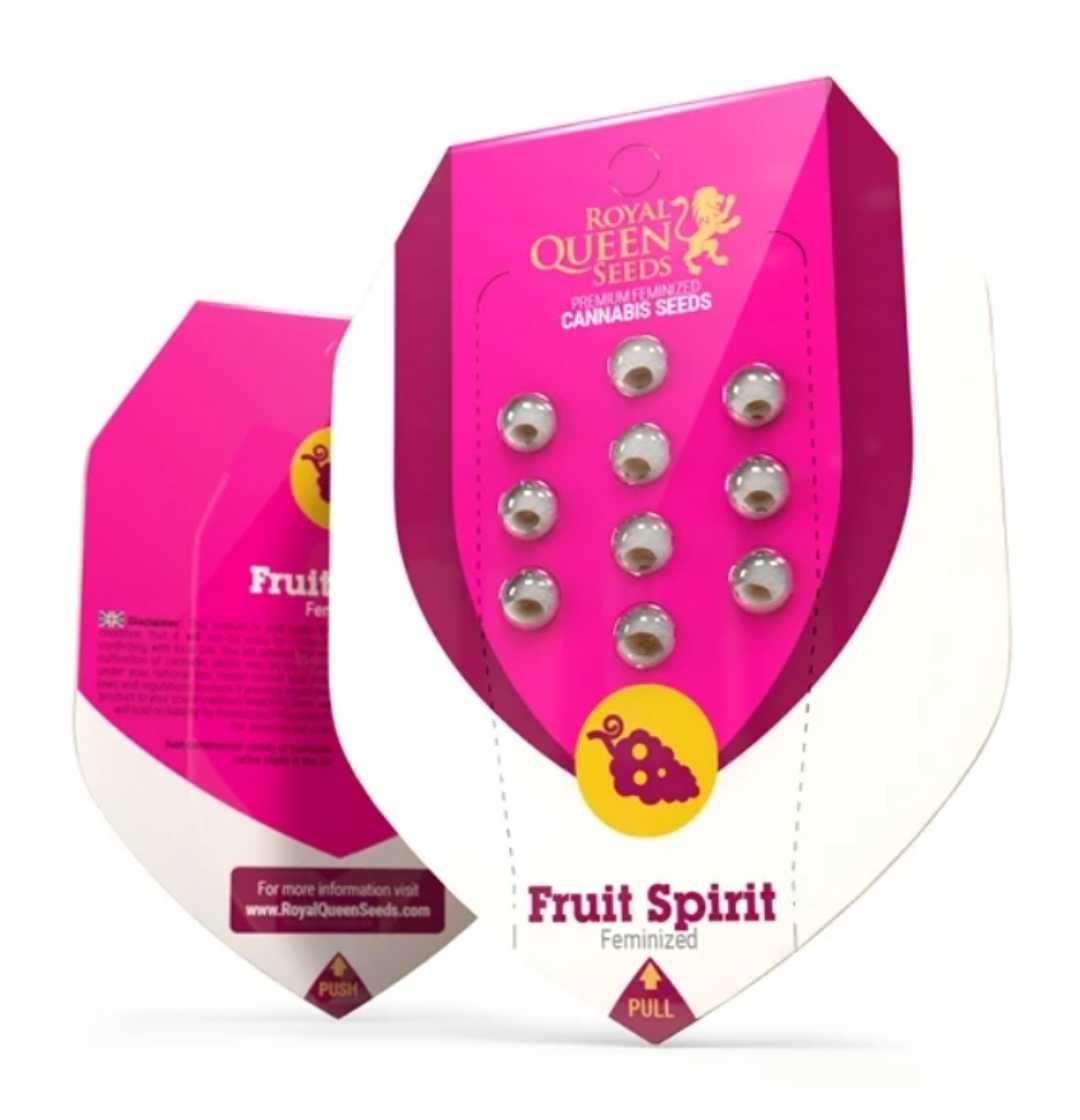 Fruit Spirit Samenverpackung von Royal Queen Seeds in Pink mit sichtbaren Samenfächern