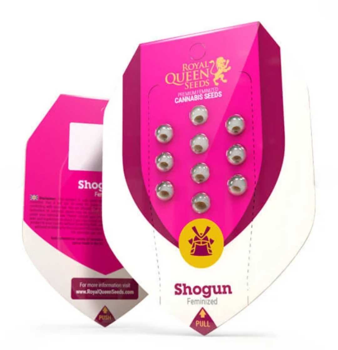 Verpackung der Shogun-Samen von Royal Queen Seeds mit pink-weißem Design und Sichtfenster für die Samen